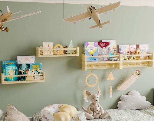 Gavetas de madeira Estante de livros de madeira natural Estantes montados na parede para armazenamento de decoração de berçário