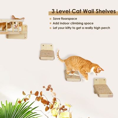 Mancha de cor Montado na parede Prateleiras e perchas de gato Design de madeira sustentável Montado na parede