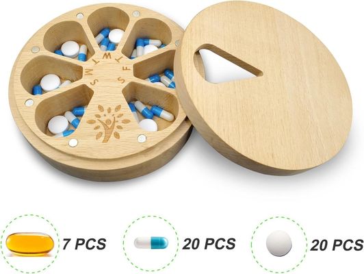 Organizador de pílulas semanais de madeira para medicamentos e vitaminas