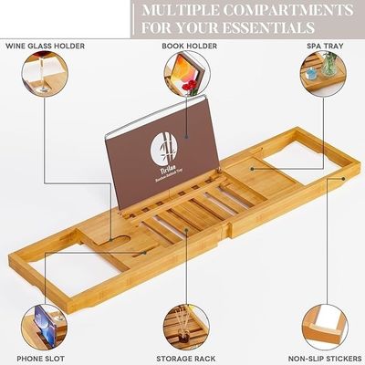Caixa de banho de madeira expansível Caddy com porta-livros e telefone Logotipo personalizado aceitável