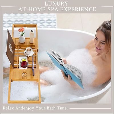 Caixa de banho de madeira expansível Caddy com porta-livros e telefone Logotipo personalizado aceitável