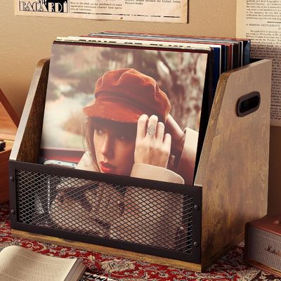 Caixa de armazenamento de discos de vinil marrom retrô para caixa de discos LP resistente e design funcional