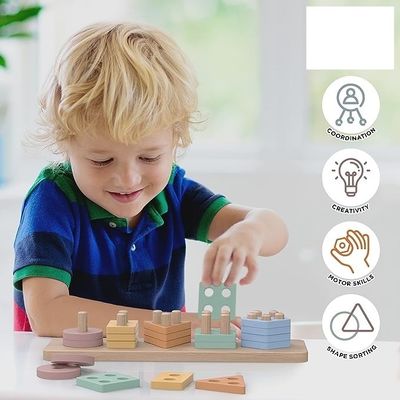 Pedido personalizado De forma e cor de madeira empilhador de sorteamento e empilhamento de brinquedos para bebê meninos e meninas