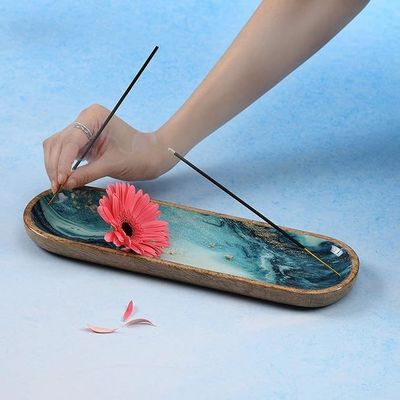 Porta-incensos de madeira retangular para bastões Industrial Gift Craft Madeira de manga azul