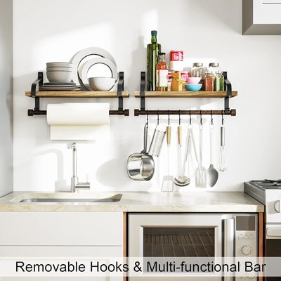 Madeira rústica 8 Ganchos Removíveis Prateleiras Flutuantes de Parede Prateleira de Especiarias de Cozinha com Barra de Toalhas