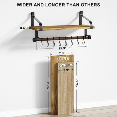 Madeira rústica 8 Ganchos Removíveis Prateleiras Flutuantes de Parede Prateleira de Especiarias de Cozinha com Barra de Toalhas