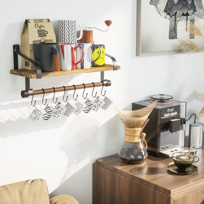 Madeira rústica 8 Ganchos Removíveis Prateleiras Flutuantes de Parede Prateleira de Especiarias de Cozinha com Barra de Toalhas