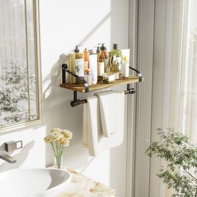 Madeira rústica 8 Ganchos Removíveis Prateleiras Flutuantes de Parede Prateleira de Especiarias de Cozinha com Barra de Toalhas