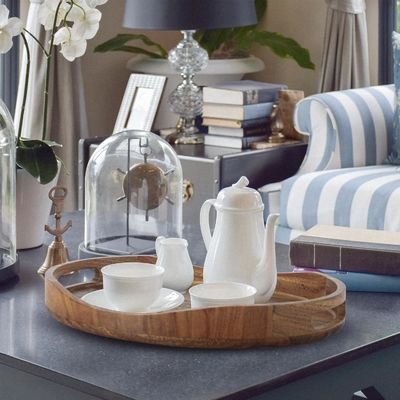 Tamanho personalizado 17 "x13" bandeja redonda de madeira decorativa para sala de estar impressão laser gravura