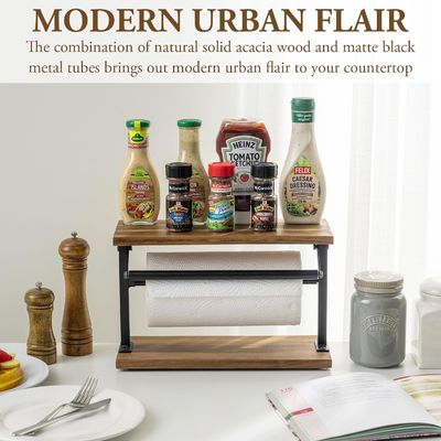 Melhore a sua cozinha com este suporte de toalha de papel de madeira maciça de acácia e estante de exibição superior