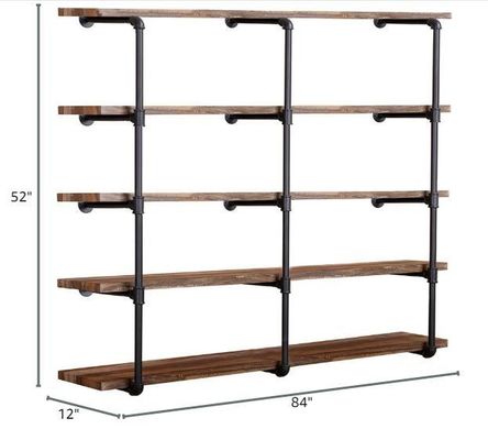 Montador de parede industrial de madeira Prateleira de tubos de ferro para bricolage Prateleira de escritório aberta Prateleira de cozinha