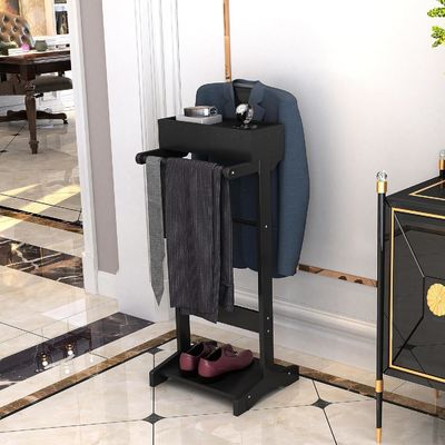 Logotipo personalizado Estante de roupas de madeira com prateleiras e estande de valet