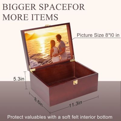 Caixa de recordações de madeira grande com tampa e quadro de fotos
