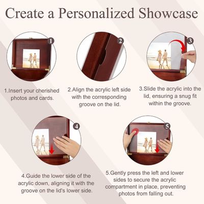 Caixa de recordações de madeira grande com tampa e quadro de fotos