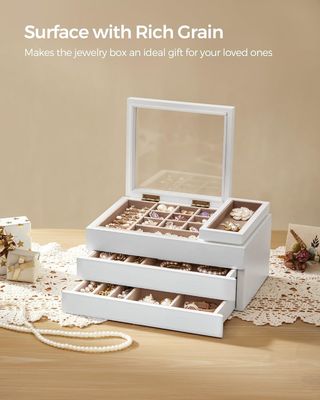 Caixa de jóias de madeira de 3 camadas com tampa clara em forma retangular para armazenamento personalizado