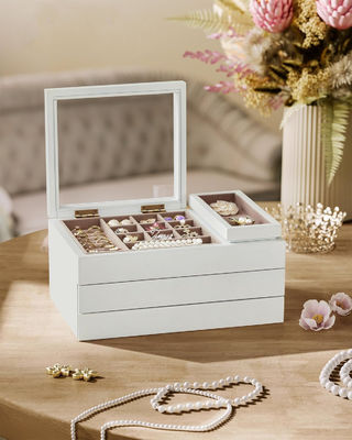 Caixa de jóias de madeira de 3 camadas com tampa clara em forma retangular para armazenamento personalizado