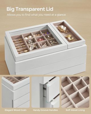 Caixa de jóias de madeira de 3 camadas com tampa clara em forma retangular para armazenamento personalizado