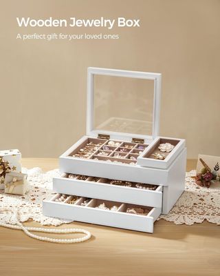 Caixa de jóias de madeira de 3 camadas com tampa clara em forma retangular para armazenamento personalizado