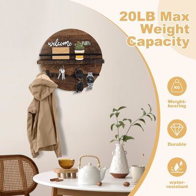 Organizador de chave de madeira redonda e porta-correios para escritório de cozinha de corredor