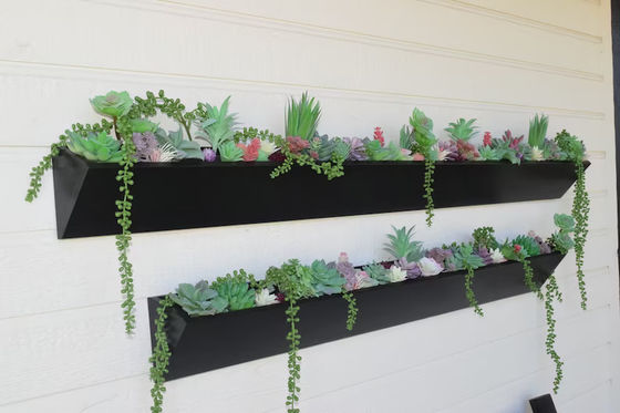 Plantação de parede de madeira quadrada longa para exibição de suculentas modernas no jardim exterior interno