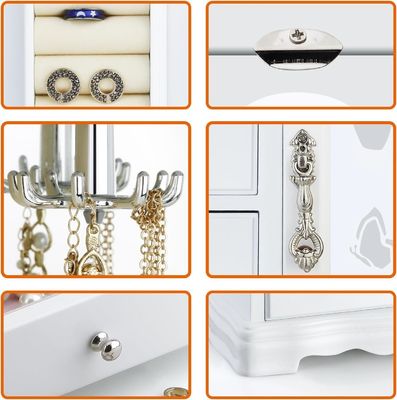 Caixa de jóias de madeira branca maciça feita à mão com 4 gavetas Espelho grande e carrossel de colar