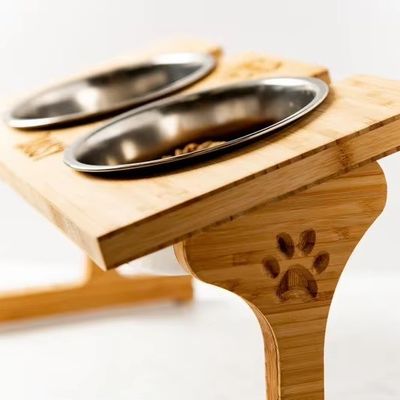 15 graus inclinação Pet Bowl Stand Impressão em madeira personalizada com laser Gravar duas tigelas removíveis
