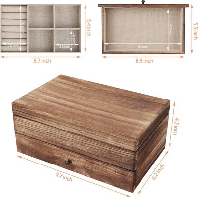 Custom Oem Logotipo Rustica caixa de jóias de madeira com bandeja de anel de espelho grande tamanho presente artesanal