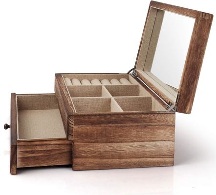 Custom Oem Logotipo Rustica caixa de jóias de madeira com bandeja de anel de espelho grande tamanho presente artesanal