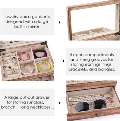 Custom Oem Logotipo Rustica caixa de jóias de madeira com bandeja de anel de espelho grande tamanho presente artesanal
