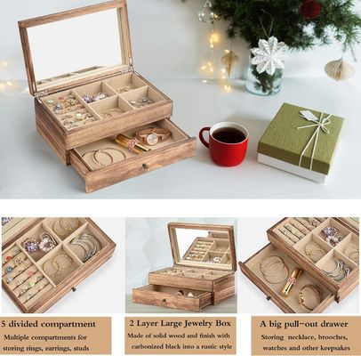 Custom Oem Logotipo Rustica caixa de jóias de madeira com bandeja de anel de espelho grande tamanho presente artesanal