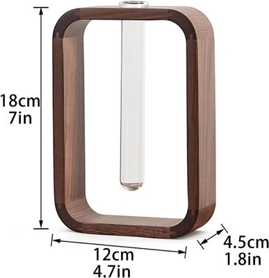 Decoração de plantas de jardim Vaso de vidro transparente Porta-planta de tamanho pequeno Noz retangular Estrutura de madeira Mesa de suporte de flores