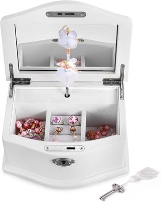 Caixa de jóias de ballerina de madeira branca média com espelho para organização personalizada