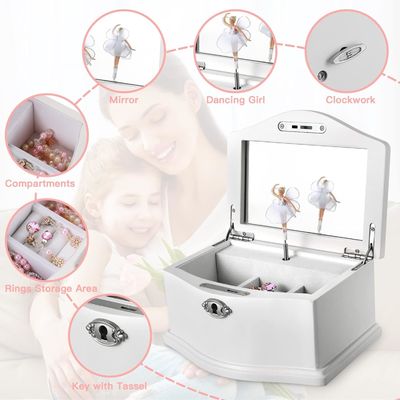 Caixa de jóias de ballerina de madeira branca média com espelho para organização personalizada