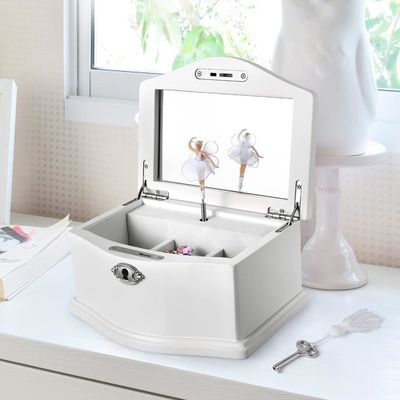 Caixa de jóias de ballerina de madeira branca média com espelho para organização personalizada