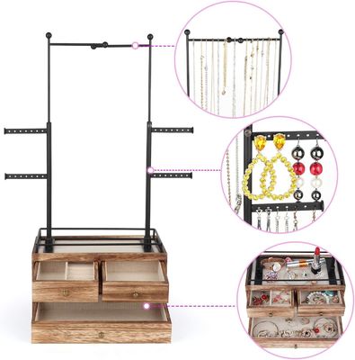 Caixa de madeira simples Custom 6 Tier Jewelry Tree Stand com 2 camadas Jewelry Drawer Storage