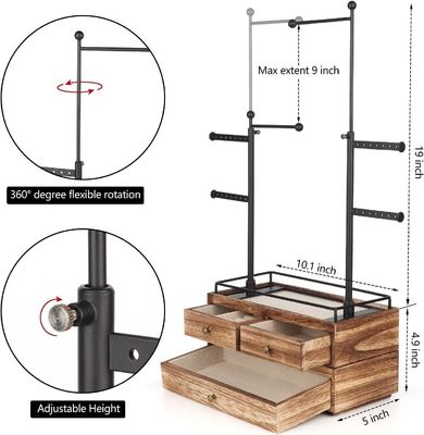 Caixa de madeira simples Custom 6 Tier Jewelry Tree Stand com 2 camadas Jewelry Drawer Storage