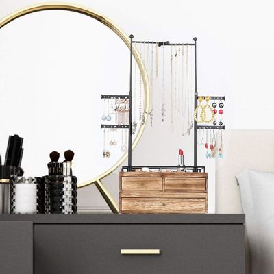 Caixa de madeira simples Custom 6 Tier Jewelry Tree Stand com 2 camadas Jewelry Drawer Storage