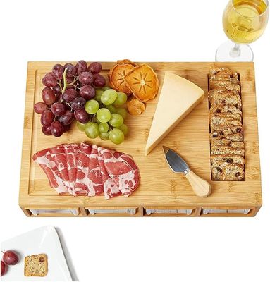 Tabela de corte de bambu rectangular com 4 bandejas de recipiente Tabela de corte de madeira de cozinha