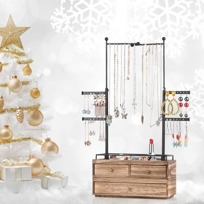 Caixa de madeira simples Custom 6 Tier Jewelry Tree Stand com 2 camadas Jewelry Drawer Storage