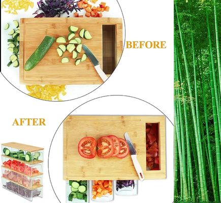 Tabela de corte de bambu rectangular com 4 bandejas de recipiente Tabela de corte de madeira de cozinha