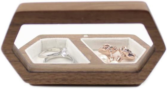 Caixa de anéis de casal feita à mão com tampa transparente de veludo branco e impressão queimada