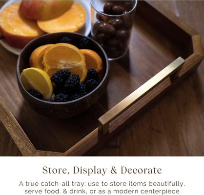 Cozinha Restaurante bandeja de madeira com alças metálicas polidas de ouro noz