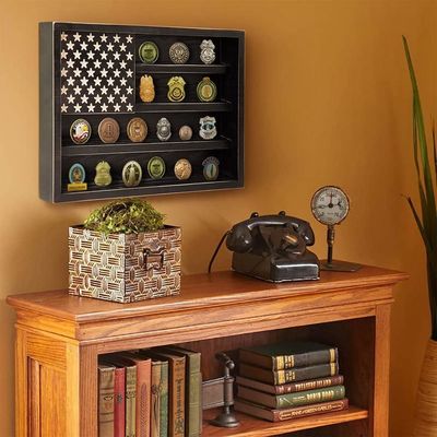 Desafio Militar do Governo Display de Moedas com Decoração de Parede da Bandeira Americana de Madeira