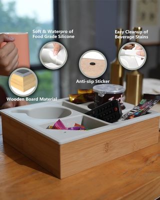 Porta-telefone giratório de madeira de silicone de bambu Sofá Porta-Copa bandeja organizador para snacks cama logotipo personalizado aceitável