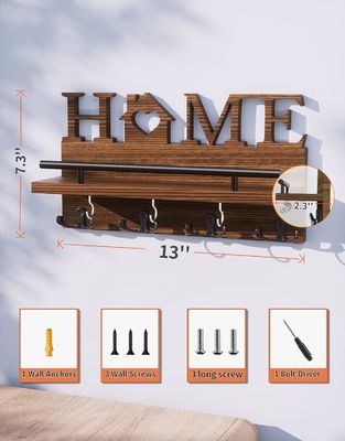 Porta-chaves e porta-correios de madeira de dupla camada para organizador de entrada decorativo de parede