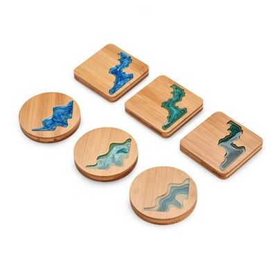 10Cm Live Edge Bambu Quadrado Resina Madeira Epoxi Madeira Coaster Resina Rio Azul Esmeralda