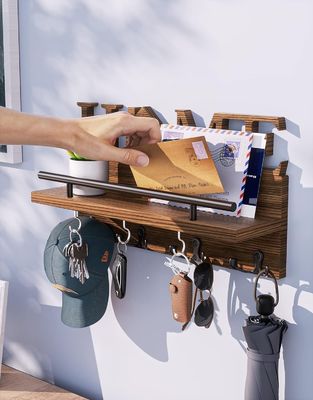Porta-chaves e porta-correios de madeira de dupla camada para organizador de entrada decorativo de parede