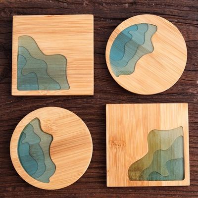 10Cm Live Edge Bambu Quadrado Resina Madeira Epoxi Madeira Coaster Resina Rio Azul Esmeralda
