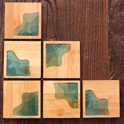 10Cm Live Edge Bambu Quadrado Resina Madeira Epoxi Madeira Coaster Resina Rio Azul Esmeralda