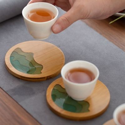 10Cm Live Edge Bambu Quadrado Resina Madeira Epoxi Madeira Coaster Resina Rio Azul Esmeralda